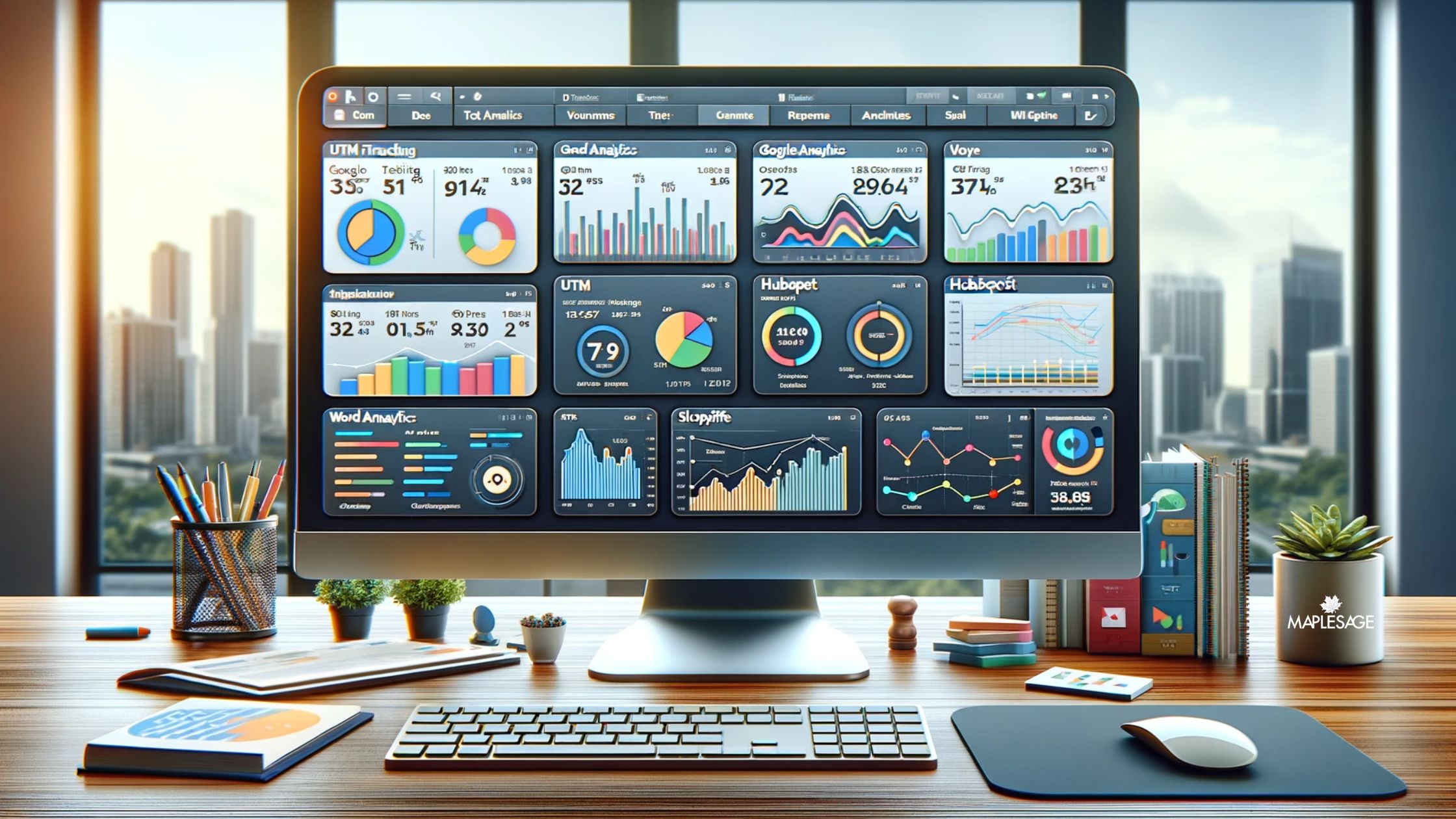 images of a digital analytics dashboard displaying data integration from various platforms, including UTM tracking, Google Analytics 4, and Google Tag Manager, along with sections for HubSpot, Shopify, and WordPress analytics. The dashboard is set in a professional office environment