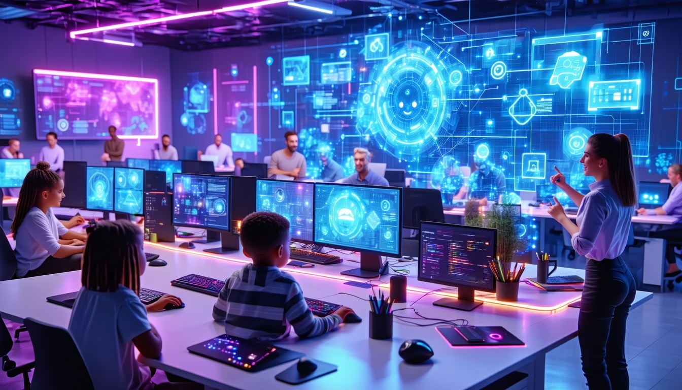 The image depicts a vibrant, futuristic workspace filled with diverse individuals collaborating around sleek computer terminals and digital screens.